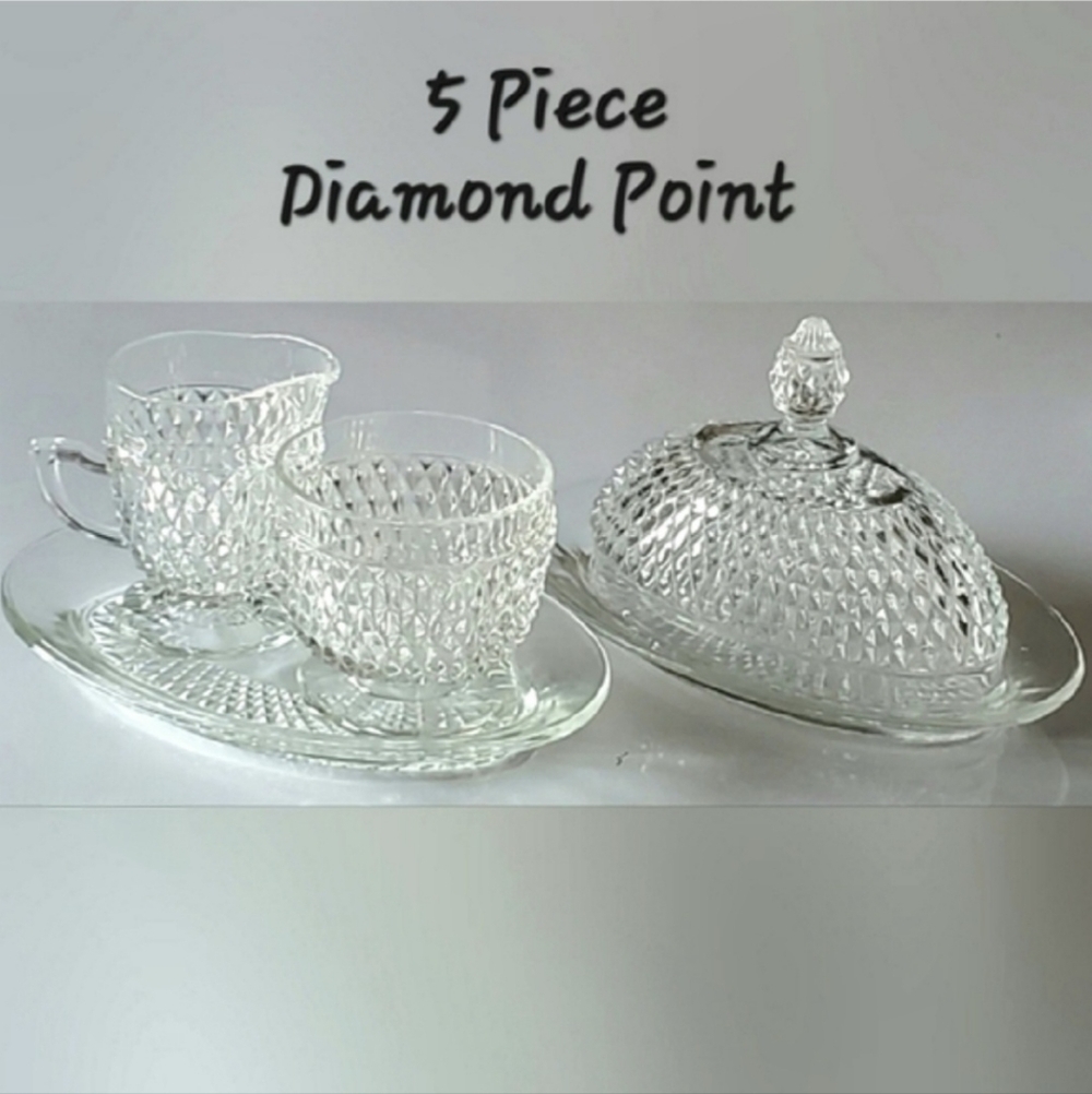 5pc Set Diamond 💎 Point Sugar Creamer Butter Lid & 2 Underplates